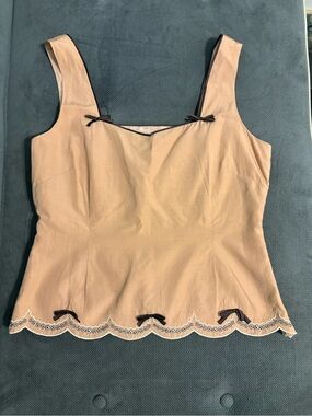 Odille Dusty Pink Silk Camisole with Brown Bows and Scalloped Edge